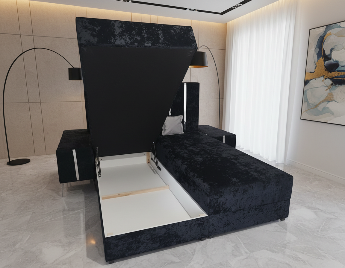 Pat Tapițat Cu Somieră Dublă Și Noptiere