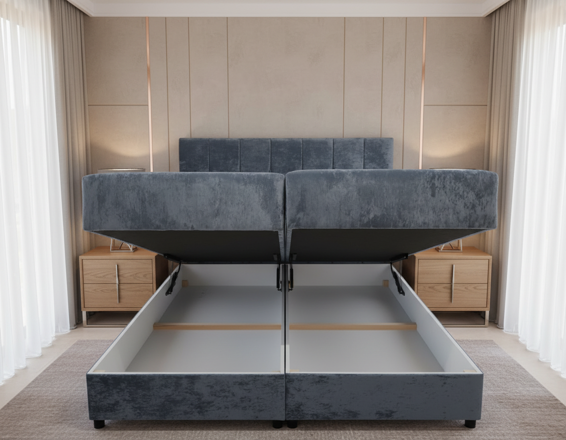 Pat Tapițat Cu Somieră Dublă Și Noptiere